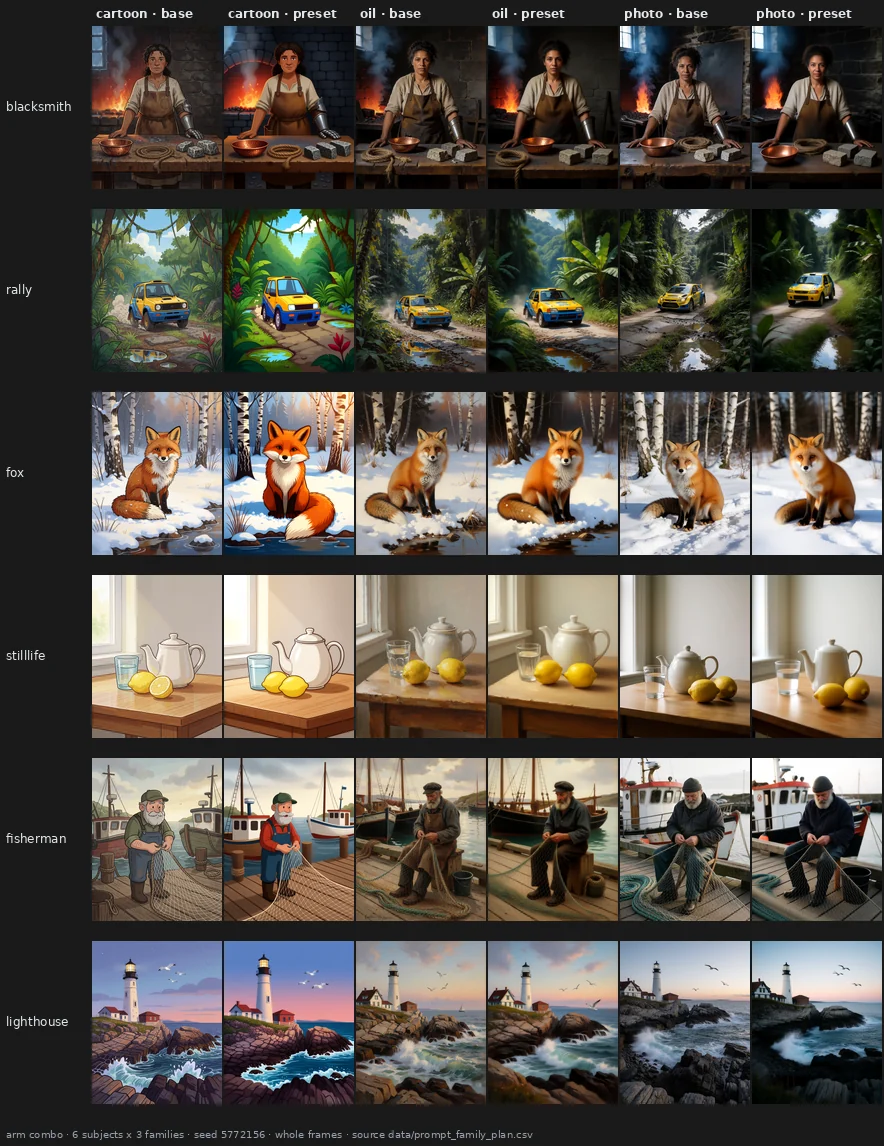 The combined late-block preset gives the six cartoon subjects the same flatter, brighter, more saturated look, and changes the oil and photo families in their own, weaker ways.