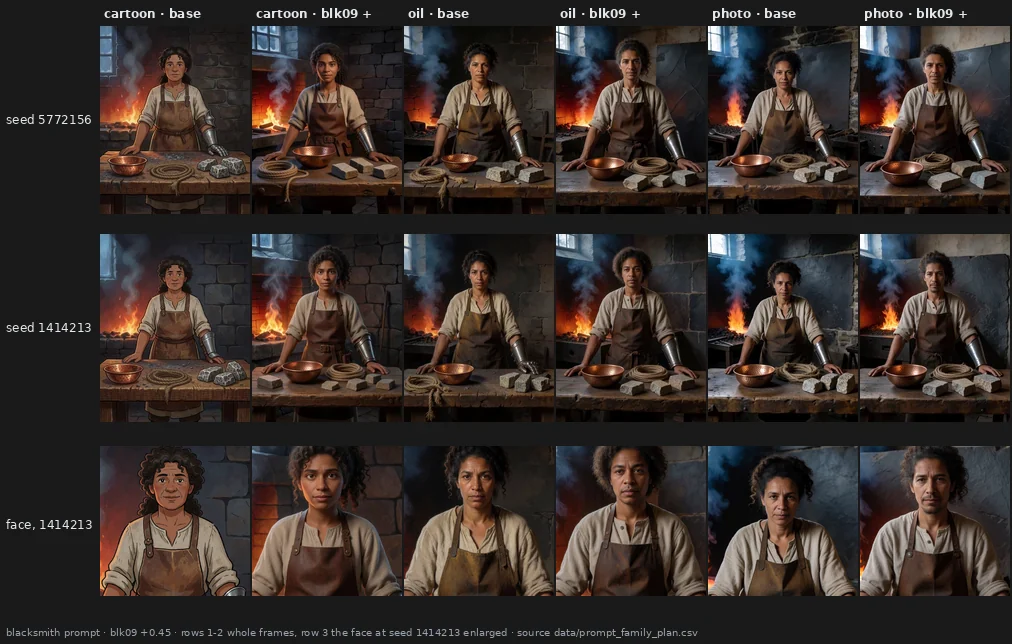 Under blk09 +0.45 the female blacksmith stays a woman at seed 5772156 in all three styles, and at seed 1414213 turns into a man in the oil painting and in the photograph.