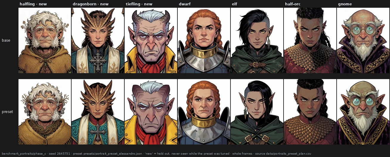 Seven characters, base above and preset below at one seed: each stays recognisably the same character, and the preset row has cleaner outlines and less shading on the faces; the first three were never seen while the preset was tuned.
