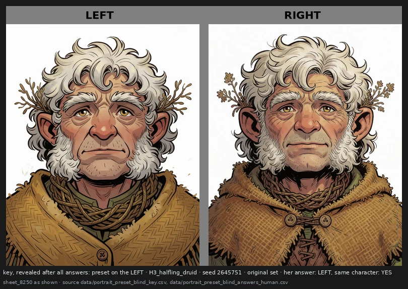One blind sheet as the observer saw it: the held-out halfling with the preset on the left and the base on the right; she chose the left.
