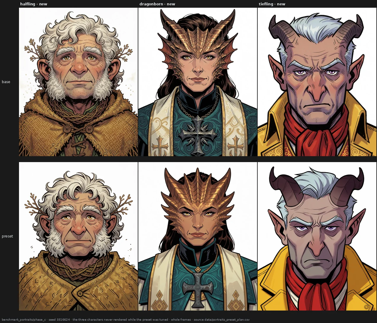 The three characters never seen while the preset was tuned, large, at one seed: each keeps face, hair and costume, while the preset flattens the colour, removes many wrinkle and hatching lines, simplifies the ornament, and turns the tiefling's patterned jacket plain yellow.