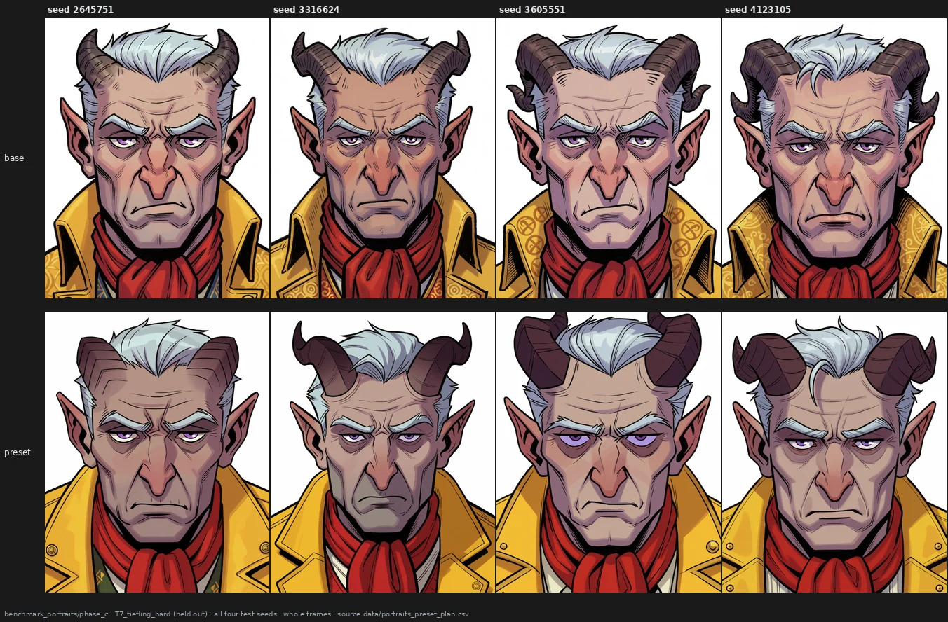 The held-out tiefling at all four test seeds: at every seed the preset flattens the skin, turns the patterned yellow jacket plain, and makes the horns larger and heavier, where the prompt asked for short horns swept flat against the hair.