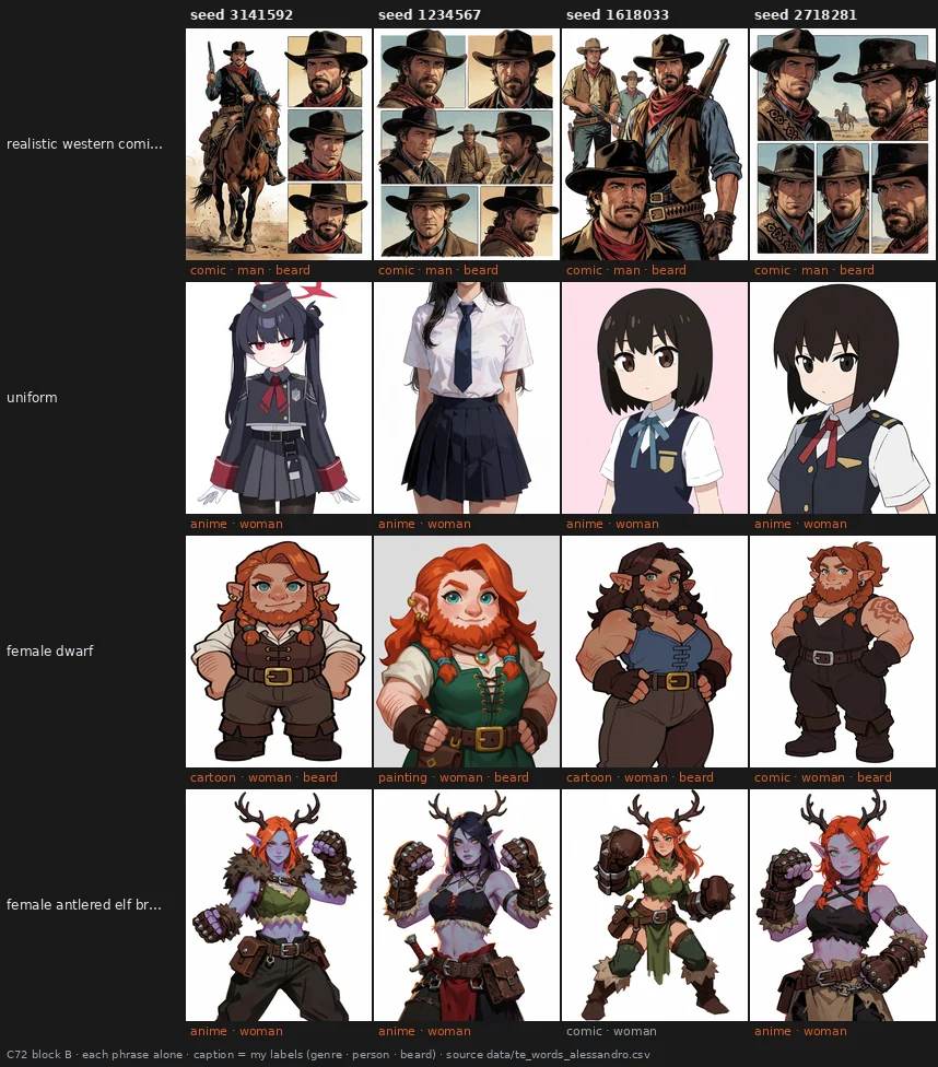 Four phrases alone at four seeds: 'realistic western comics style' draws bearded cowboys in comic panels, 'uniform' anime schoolgirls, 'female dwarf' a woman with a beard every time, and the elf's own description mostly anime.