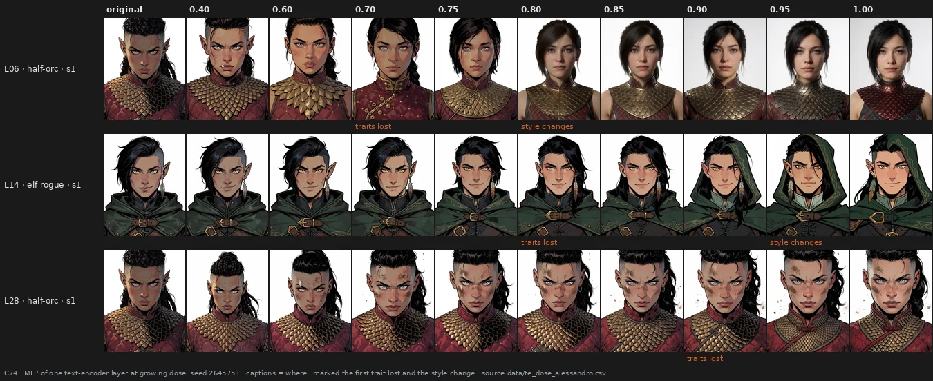 Three portraits along the dose ladder: under L06 the half-orc loses her orc features by 0.70 and becomes a photograph at 0.80; under L14 the elf rogue's skin lightens before the picture turns more cartoon; under L28 the half-orc stays a comic while her face and collar change.