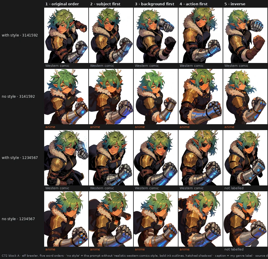 The elf in five word orders at two seeds, with and without the three style phrases: with them every picture is labelled Western comic, without them every labelled picture is anime, with the same character and pose.